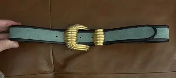 VTG Carlisle Teal Good Brass Buckle Art Deco Leather Belt S