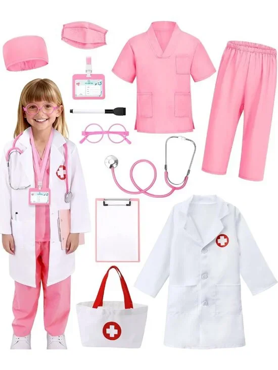12 PCS Kids Doctor Costume Set - Scrubs, Lab Coat & Nurse Outfit for Career Day