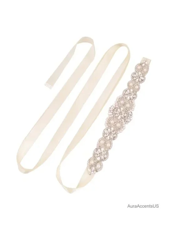 Pearl Crystal Sash Handmade Beaded Wedding Belt Rhinestone Sash Formal Evening