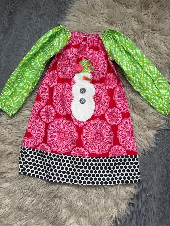 Girls Pink & Green Snowman Christmas 🎅 Holiday Dress - Festive Kids Costume