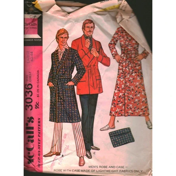 Vintage 1971 McCalls 3036 Mens Robe Sewing Pattern Sz Large 42-44 Dressing Gown