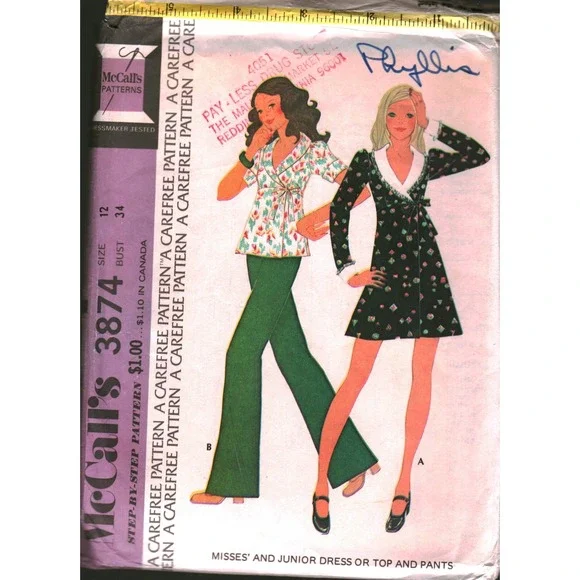 Vintage 1973 McCall's 3874 Wrap Dress Top Pants Sewing Pattern Size 12 Bust 34