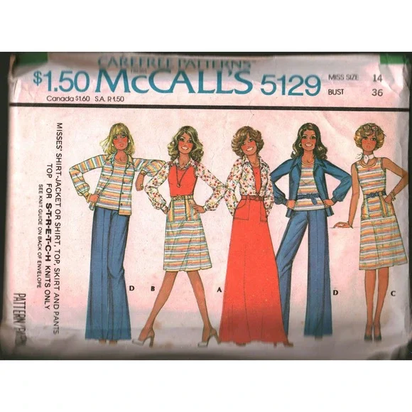 Vintage McCalls 5129 Sewing Pattern 70s Misses Shirt Jacket Top Skirt Pants 14