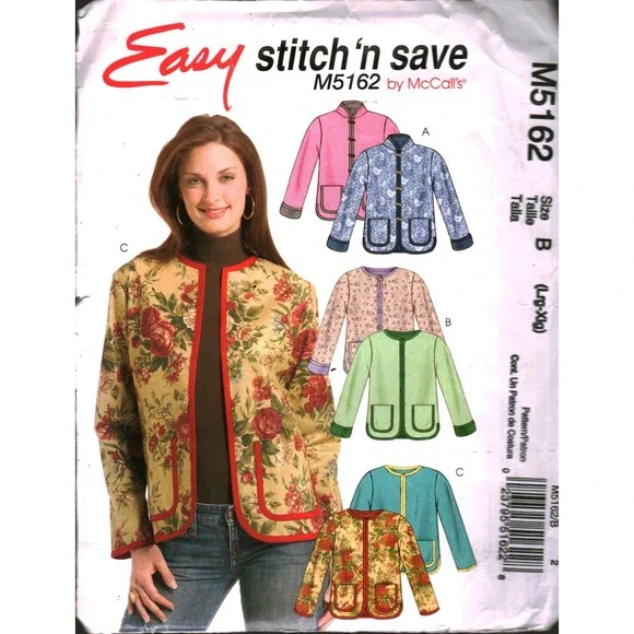 McCalls M5162 Easy Stitch n Save Lined Jacket Sewing Pattern Size L-XL Uncut