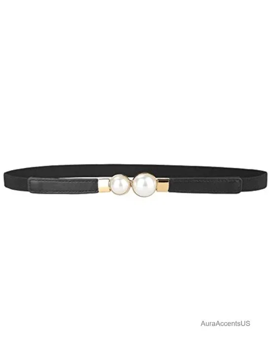 Skinny Stretchy Faux Leather Belt with Gold Pearl Buckle