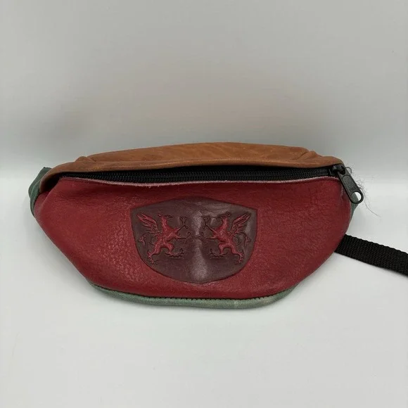 Vintage Leather Belt Bag Dragons Colorblock Fanny‎ Pack