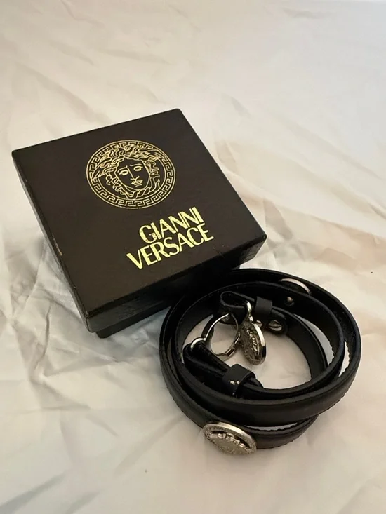 Versace Black Leather Medusa Belt with Silver Medallions