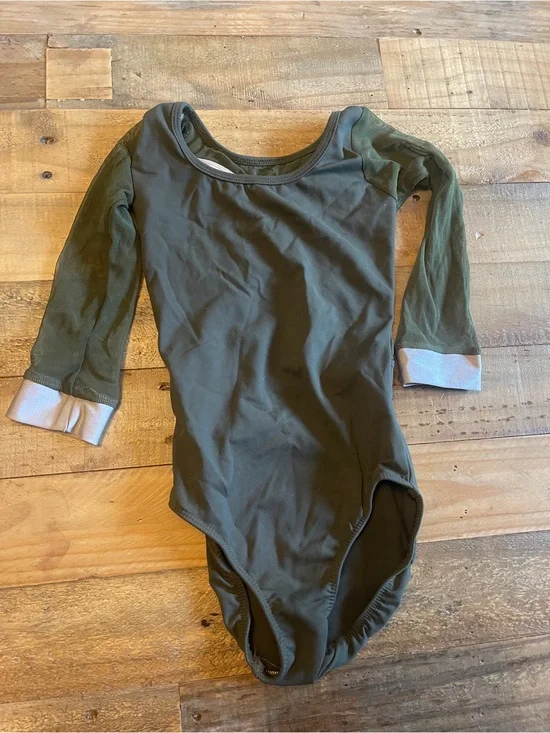 Five Olive Green Long Sleeve Leotard with Light Cuffs; Mesh Sleeves and Back. YL