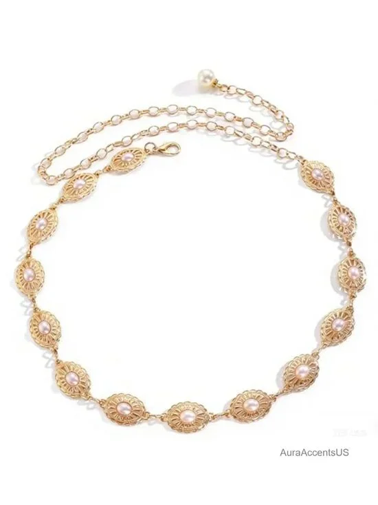 Gold Dangle Belt Metal Pearl Waist Chain Decorative Accessories for Dresses