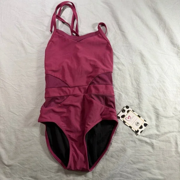 Oh‎ La La Dancewear Kids Berry Pink Mesh Strappy Tie Back Leotard CM NWT