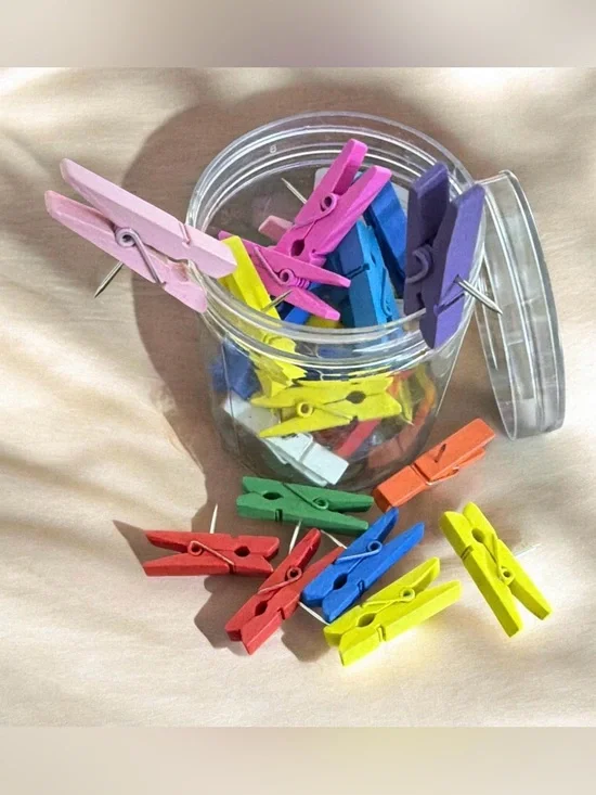 Mini Wooden Clothespin Thumb Tacs 30 Pieces Multi or Natural Wood Tone
