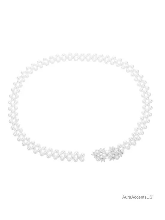 Rhinestone Pearl Waist Belt with Leaves Design Elastic Waistband for Dresses