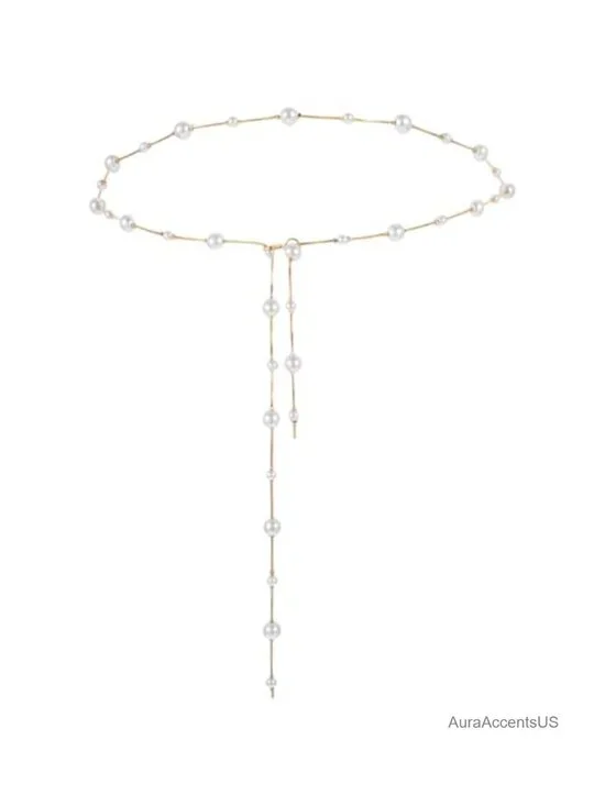 Adjustable Pearl Chain Belt with Gold Retro Tassel for Dresses