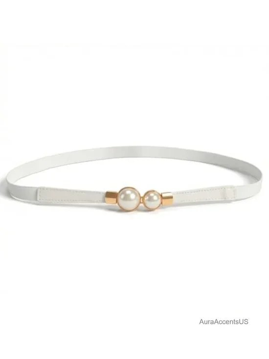 Skinny Stretchy Waist Belt with Pearl Buckle PU Leather