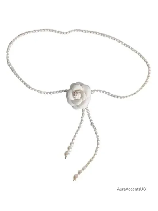 Vintage Camellia Pearl Waist Chain Adjustable Flower Belt for Wedding Bridal