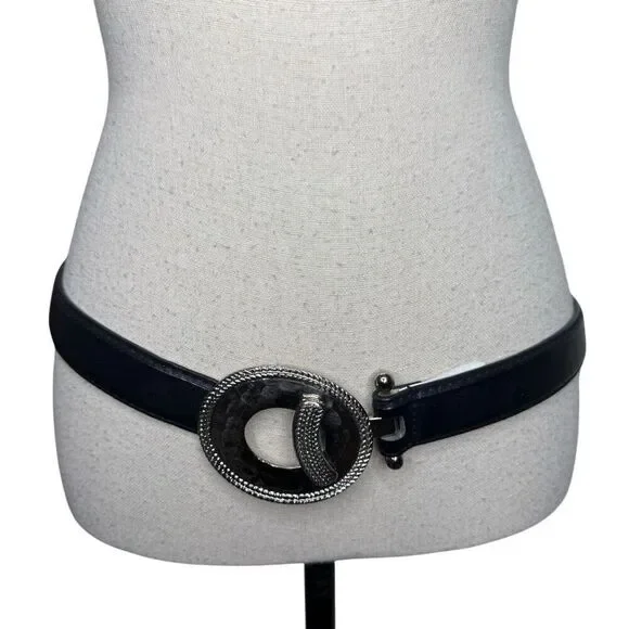 Faux Leather Belt Brown Adjustable With Interlocking Hammered Metal Buckle Sz L