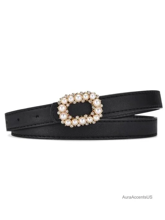 Pearl Rhinestone Rectangle Buckle Skinny Faux Leather Belt