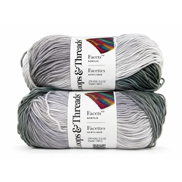 Loops & Threads Facets Acrylic Yarn Silver Gray Ombre Lot of 2 Skeins 279 Yds ea