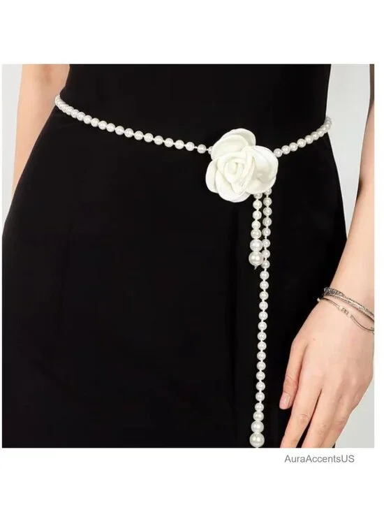 Pearl Chain Belt with Camellia Flower Waist Chain Dainty Body Jewelry