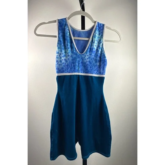GK Elite Gymnastics Biketard Girls CM Blue Velvet Ombre Silver Trim Excellent