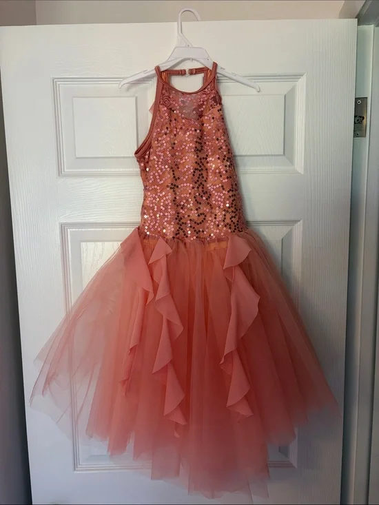 Weissman IC Coral Sequin Halter Tulle Dress. With hair piece.