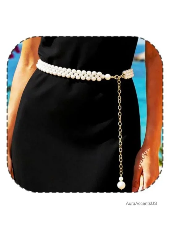 Stretchy Pearl Body Chain Belt with Extension Chains for Waist