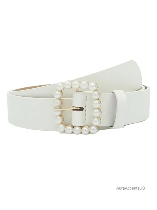 Elegant Pearl Buckle Faux Leather Belt for Jeans Dresses Pants