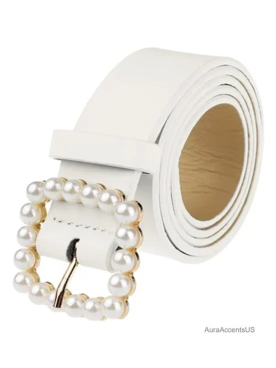 Faux Leather Pearl Buckle Belt, 1.2