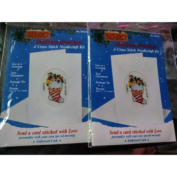 2 NEW 1988 Titan Merry Christmas 81545 Cross Stitch Greeting Card Kit Vintage