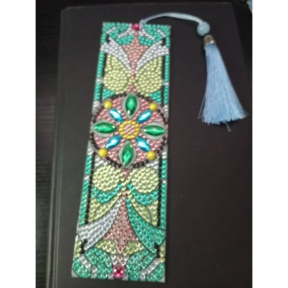 Handmade 5D Diamond Painting Floral Bookmark w/ Blue Tassel 7.75
