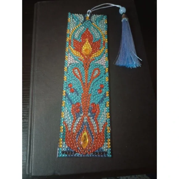 Handmade Diamond Painting Floral Bookmark Blue Tassel Resin Rhinestone 7.75