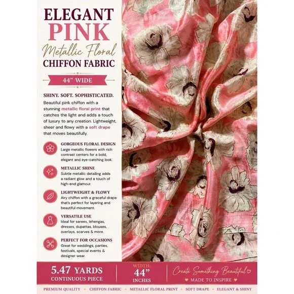 5.47 Yds Aqua Pink Metallic Floral Chiffon Fabric 44” Wide Elegant Fabric