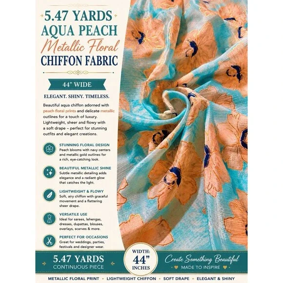 5.47 Yds Aqua Peach Metallic Floral Chiffon Fabric 44” Wide Elegant Fabric