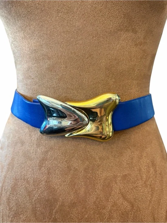 Faux Leather Waist Belt Cobalt Blue Silver Gold Buckle Up To 35” Nautical‎