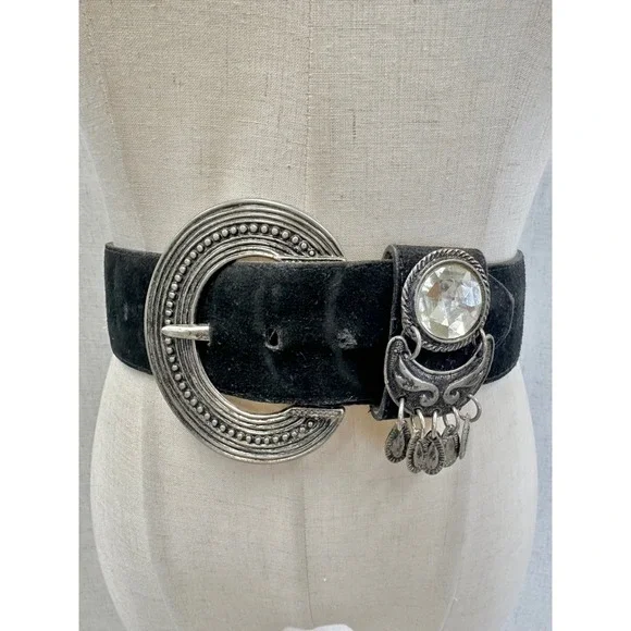 Vintage‎ 90s Black Suede Boho Belt Silver Crescent Buckle Crystal Detail Gypsy