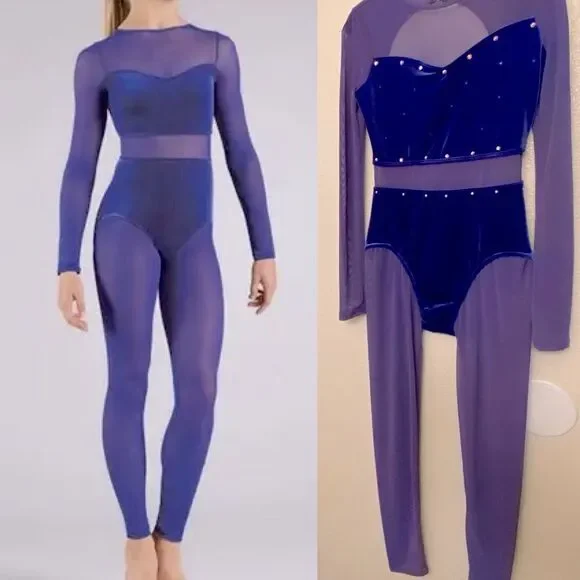 Weissman Elite dance costume blue purple mesh velvet unitard V11775 MA
