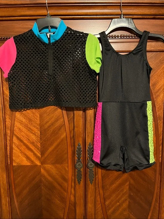 Weissman Black Mesh Dance and Leotard with Neon Accents