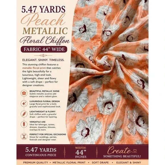 5.47 Yds Peach Metallic Floral Chiffon Fabric 44” Wide Elegant Fabric