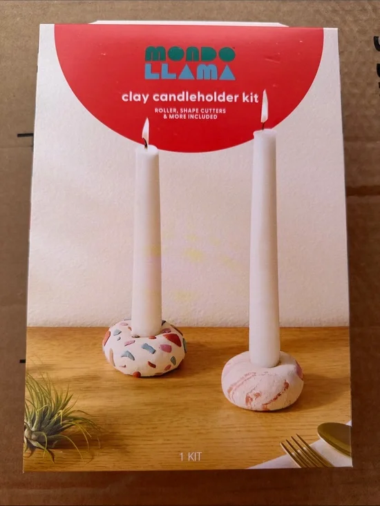 Mondo Llama Clay Candleholder Kit - White Candles with Multicolor & Pink Holders