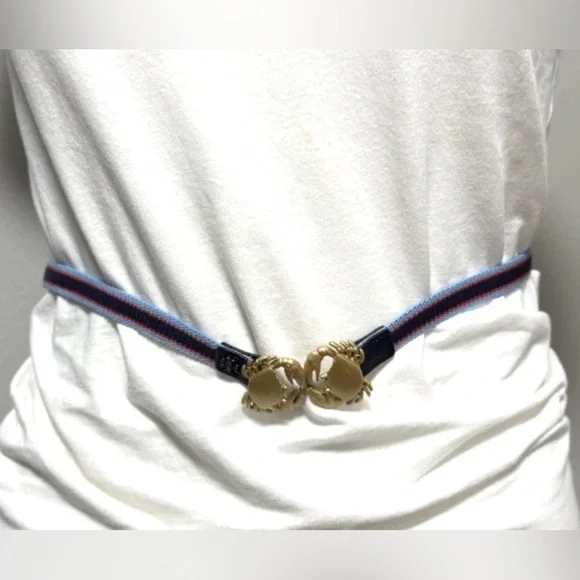 Tory burch Crab Clasp Striped Webbing Skinny Elastic Belt Blue Red