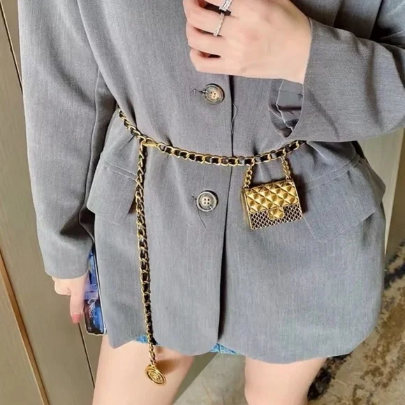 Black Gold Chain Belt With Designer Mini Charm Bag