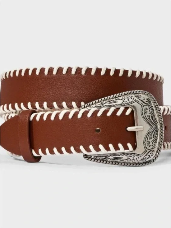 Western Style Belt | Brown Whip Stitch Cowboy Buckle Boho Chic