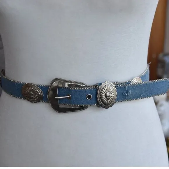 Vintage Y2K Denim Concho Belt Western Silver Studded XS S