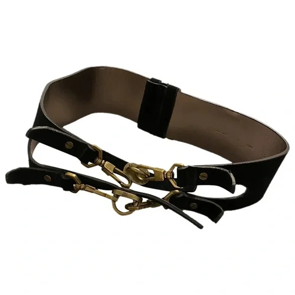 Rachel Zoe Black Genuine Leather Suede Statement Belt – Gold Hardware Runway XS