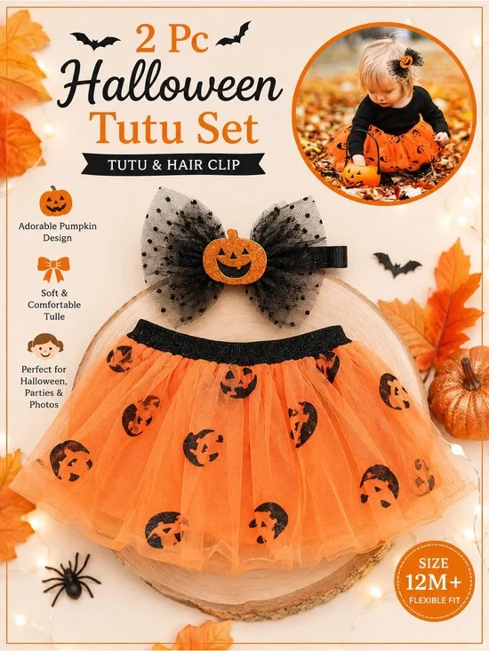 Halloween Pumpkin Tutu Set with Hair Clip - Orange & Black