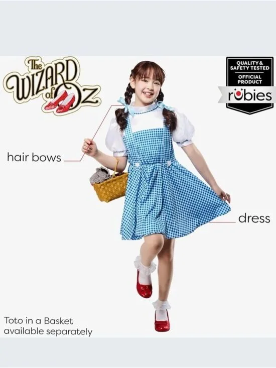 Wizard of Oz Dorothy Costume Dress Blue White Gingham Hair Bows Girls Medium 7-8