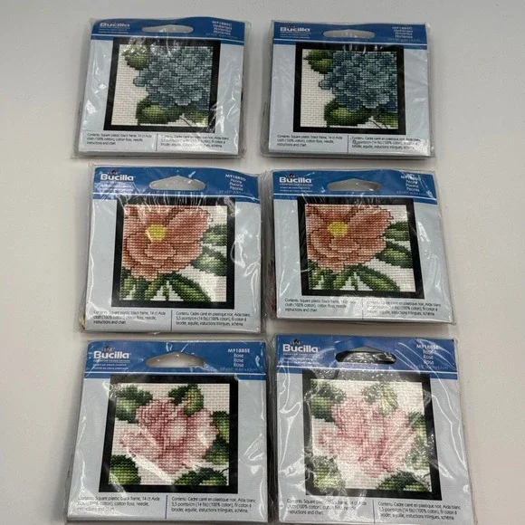Lot of 6 Bucilla Counted Cross Stitch Kits Floral Hydrangea Peony Rose 2.5x2.5