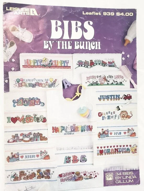 Bibs by the Bunch Cross Stitch Leaflet 939 Leisure Arts 1990 Train Heart Lion