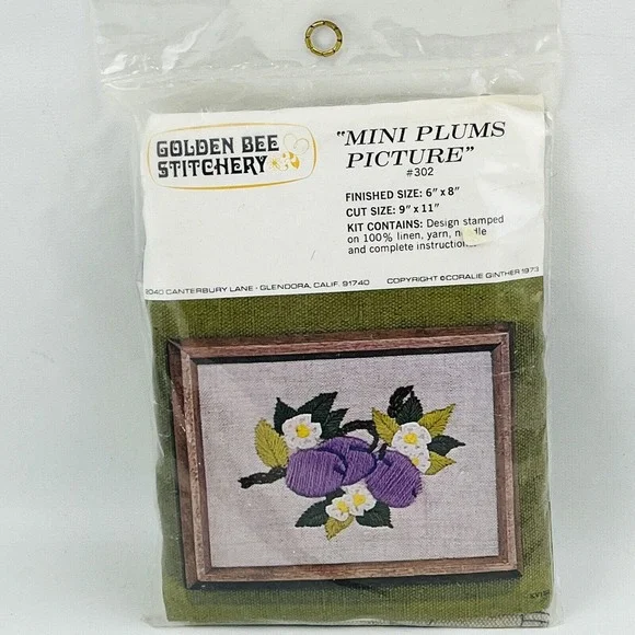 Vintage Golden Bee Stitchery 302 Mini Plums‎ Picture Crewel Kit 6x8