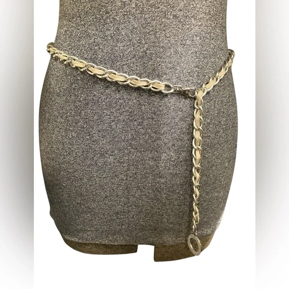 Michael Kors Silver-Tone Chain Belt with Beige Fabric Weave